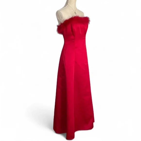 Y2K Red Satin Marabou trim Feathered Dress - Picture 2 of 7